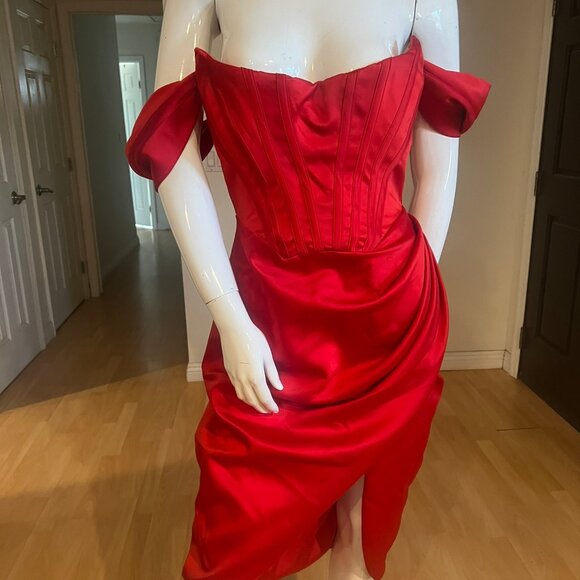 $285 HOUSE OF CB CORSET LORETTA OFF SHOULDER SATIN MIDI DRESS SZ L LARGE - Picture 2 of 6